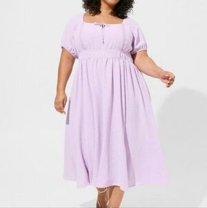 torrid Lavendar Lilac Tea Length Swiss Dot Tie Front Trim A-Line Dress